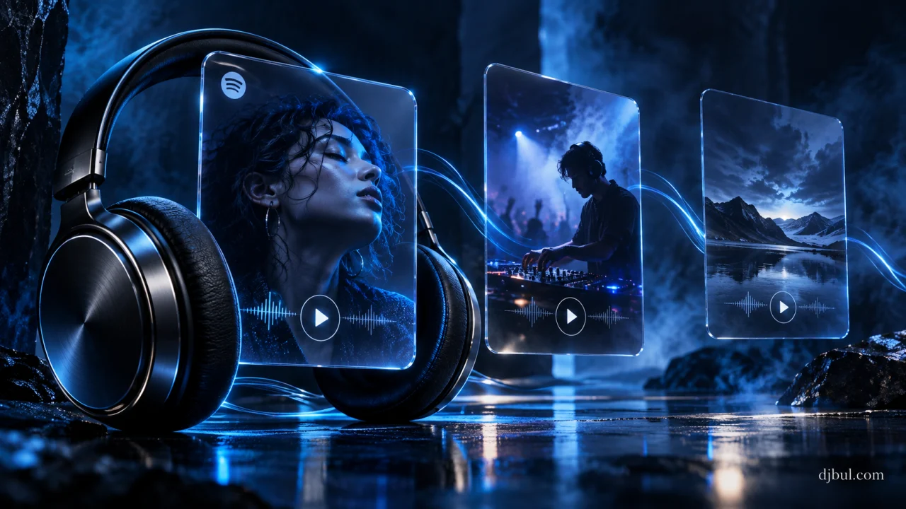 Şarkı önerileri için kulaklık ve Spotify müzik keşif kartları
