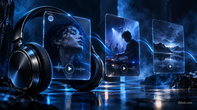 Şarkı önerileri için kulaklık ve Spotify müzik keşif kartları